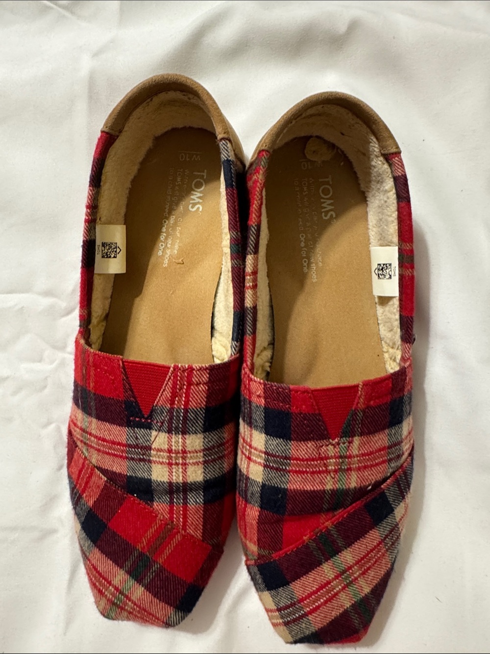 TOMS Red and Navy Plaid Slip-On Shoes